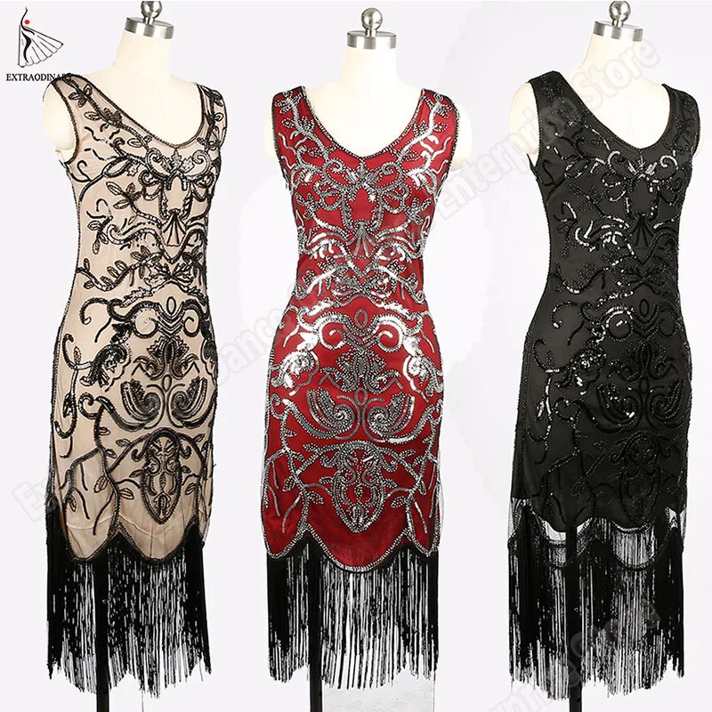 

1920s Womens Dresses Style Vintage Gatsby Flapper Sequined Fringe Party Dress Midi Embellished Party Art Deco Sleeveless Costume