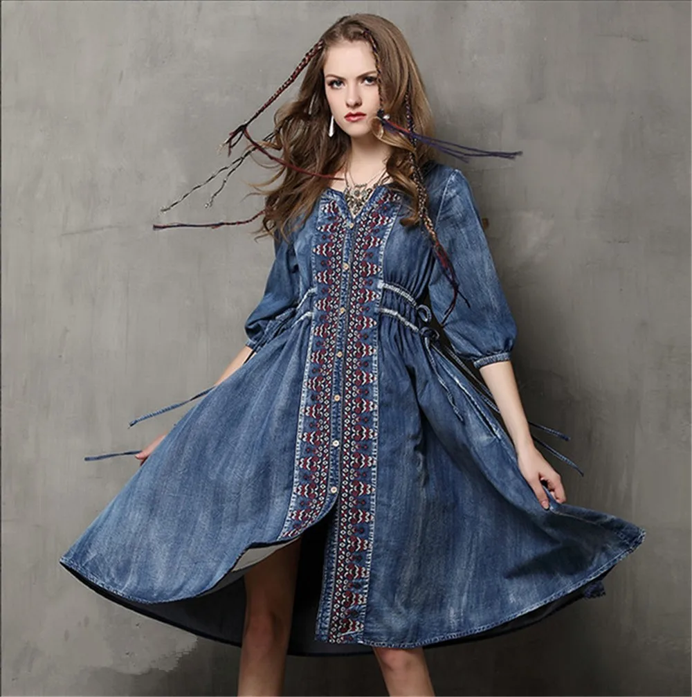 Summer-Fall Cow Vestidos Vintage V-Neck Cotton Dress Half Sleeve A-Line All Match Drawstring Loose Women Embroidery Dresses (1)