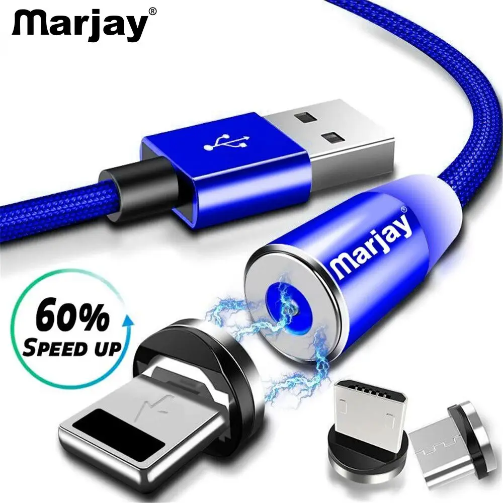 Магнитный зарядный кабель Marjay, 1 м, кабель Micro USB для iPhone XR XS Max X, магнитное зарядное устройство, usb type C, светодиодный кабель для зарядки