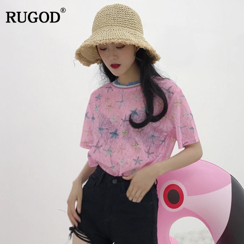 

Rugod 2019 Fashion Women Starfish Print Pattern Perspective Thin Neck Loose Short Sleeve Knit T-Shirt Female Sexy Chiffon Tops