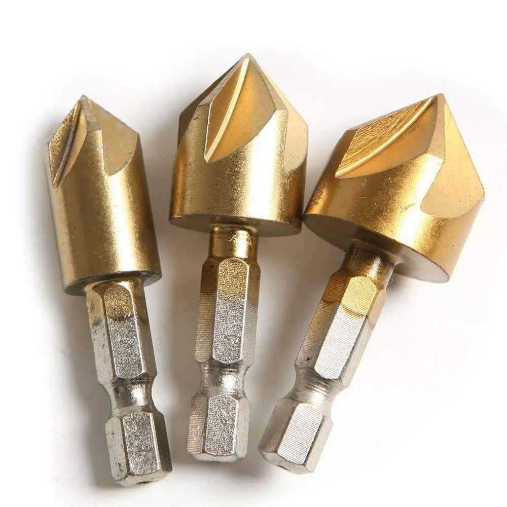 3pcs Titanium 5 Flute Chamfer Countersink Drill Bit set 12/16/19mm 1/4" Hex Shank 90 Degree Wood Chamfering Cutter Press | Инструменты