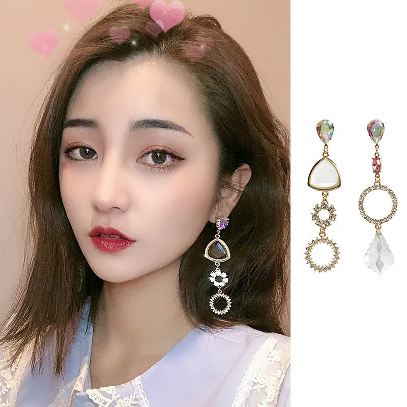 

Fashion Asymmetric Geometric Round Circle Rhinestone Flower Long Pendientes Water Drop Crystal Women Pendant Earrings EC1569