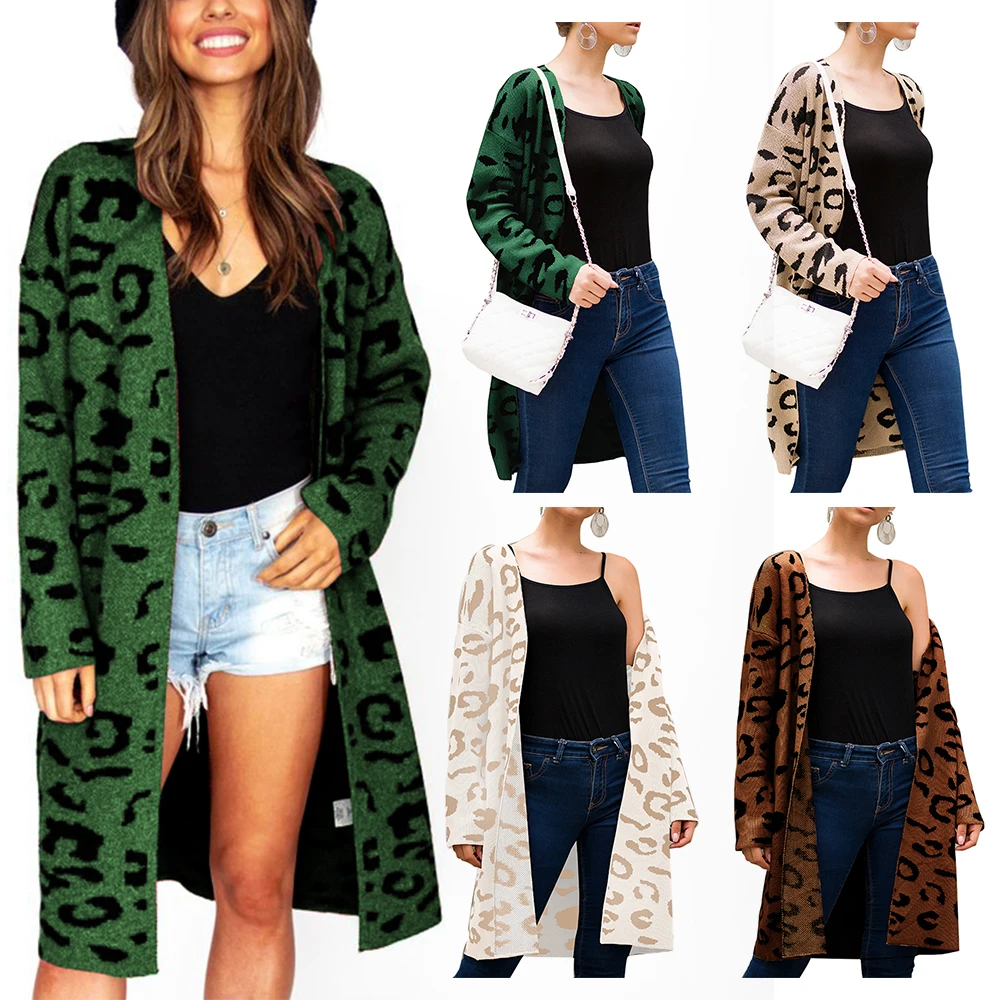 

Laamei 2019 New Woman Sweaters Long Sleeve Leopard Printed Knitted Cardigan Sweater Coat Tops Autumn Fashion Women Sweater