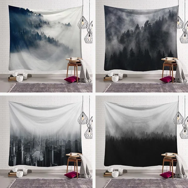 Foggy Forest Tapestry Wall Hanging Hippie Black And White Mat Foggy Forest Tapestry Wall Hanging Hippie Black And White Mat Blanket Rug The City Of Fog Scenic Painting Dorm Room Decor
