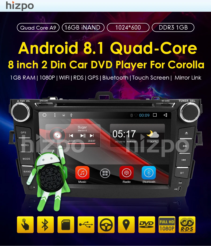 Perfect Hizpo 8 inch Car Stereo GPS For Toyota corolla 2008 2007 2009 2010 2011 Multimedia head unit navi Wifi Steering wheel control 4g 1