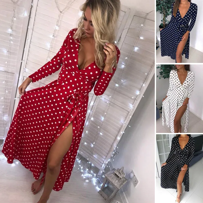 

Boho Long Dress Women Summer Holiday Polka Dot Maxi Sundress V-neck Long Shirt Dress Size 6-14 Red Black White Navy Blue