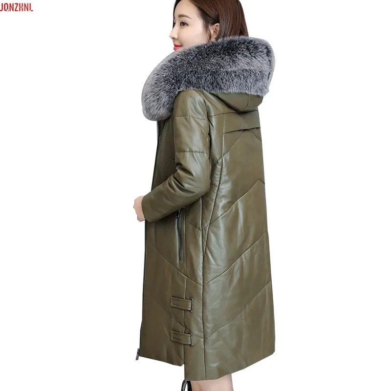 

Winter long section thick warm leather jacket new large size hooded Slim fashion large fur collar high quality cotton coat AS820