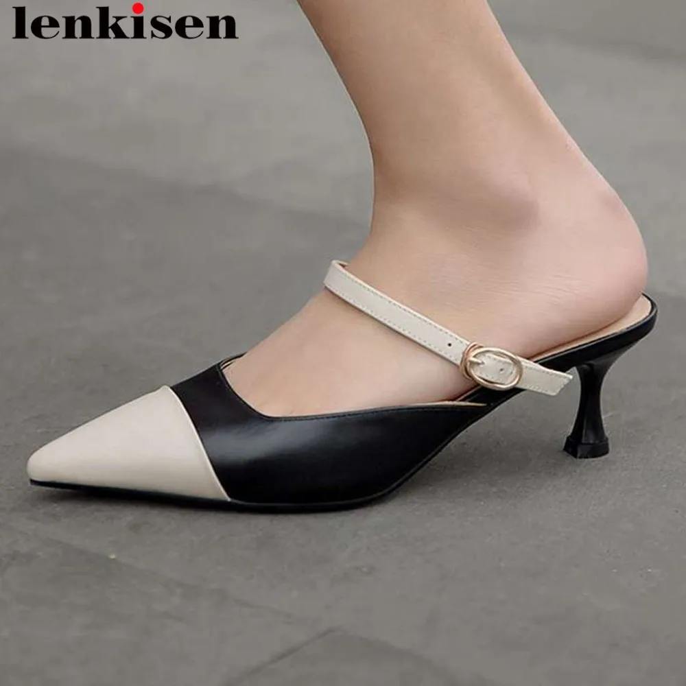 

Lenkisen 2019 full grain leather mixed colors slip on women pumps elegant lady med hgeels buckle belt mules large size shoes L10