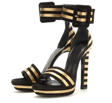 2015 Plus Size Novelty Women Shoes Ankle Strap Square High Spool Heels Gold And Black Stripe Sandals Platform Summer Party Shoes