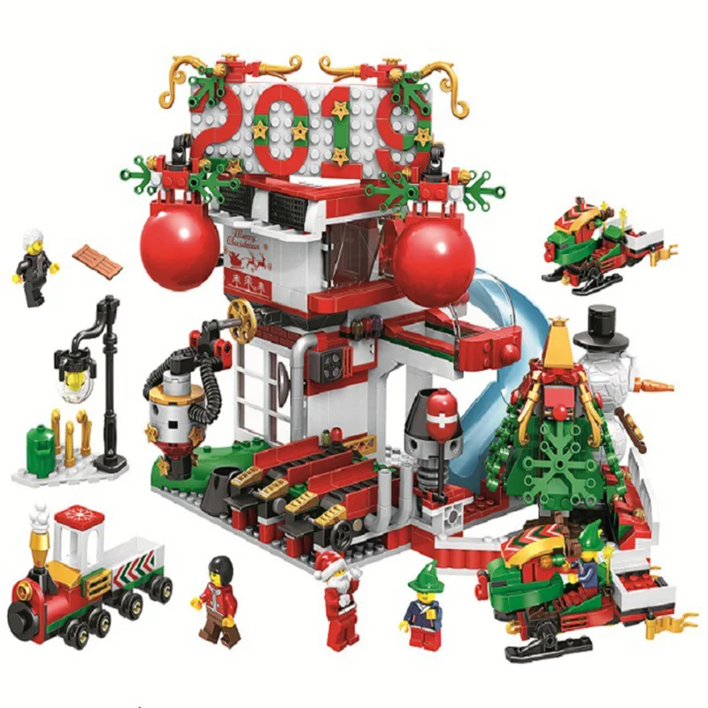 

2019 Christmas Series Train House Mall Calendar Santa Claus Snow Deer Building Blocks Toys Compatible with legoINGS Gifts