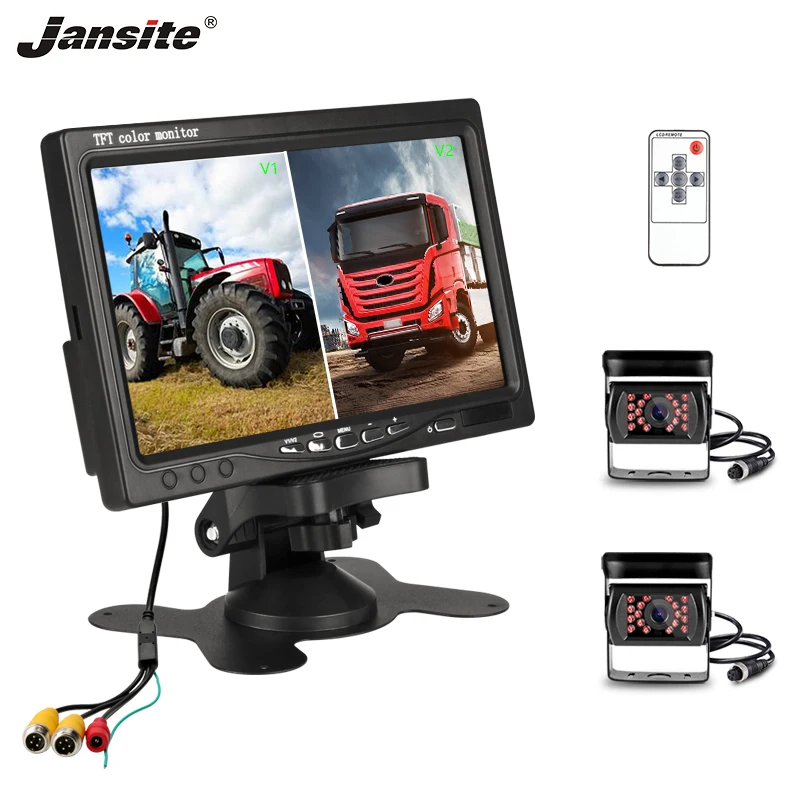 

Jansite 7 inch car camera Reversing display 2 channel video input Remote control 18 IR Lamp 12-24V waterproof Wagon Farm 10m