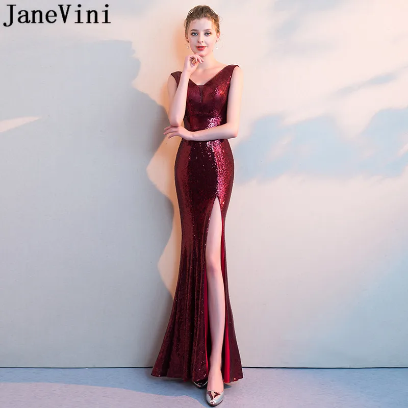 JaneVini Wijn Sequin Mermaid Avond Party Dress Hoge Split V-hals Formele Gown Lange Lovertjes Bruiden Moeder Jurken voor Bruiloften JaneVini Wijn Sequin Mermaid Avond Party Dress Hoge Split V-hals Formele Gown Lange Lovertjes Bruiden Moeder Jurken voor Bruiloften
