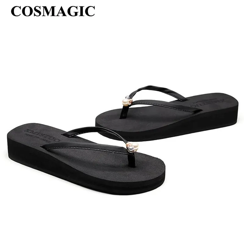 

COSMAGIC Fashion Pearl Flip Flops Wedge Slippers 2019 New Women Summer Beach Platform Handmade low Heel Slide