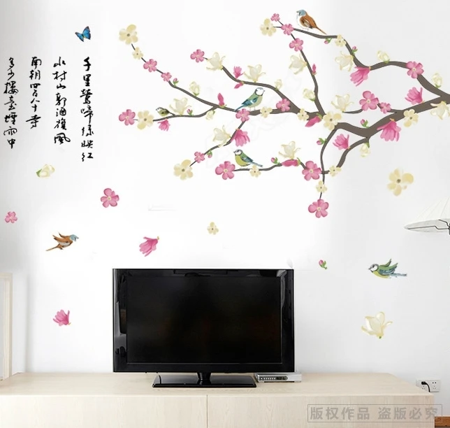 new pink peach flower wall stickers decals spring tree branch arts wallpaper mural women home sofa background house decoration | Дом и сад