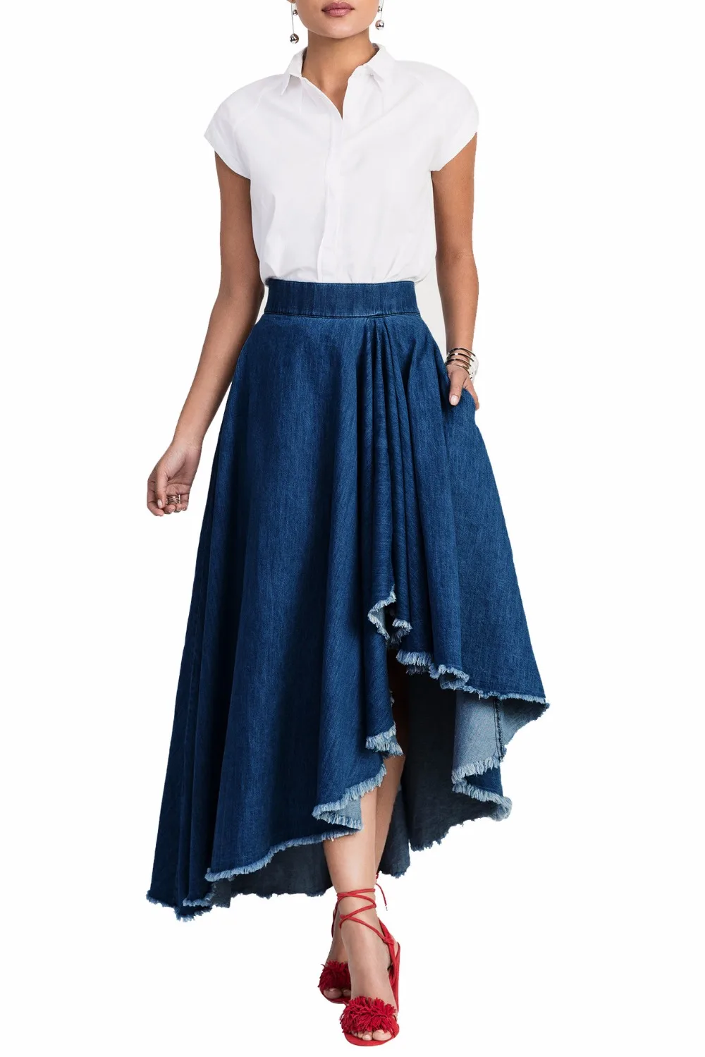 Women Cowboy Ball Gowns Female Denim Handkerchief Hi low Midi Skirt