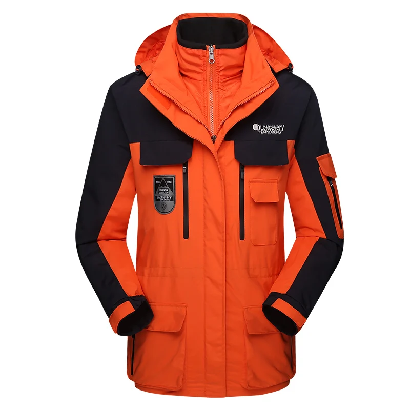 Men Women's Winter 2 Pcs Inside Cotton-Paded Jackets Outdoor Sport Waterproof Thermal Hiking Ski Mountain Climbing Jackets Coats - Color: Orange