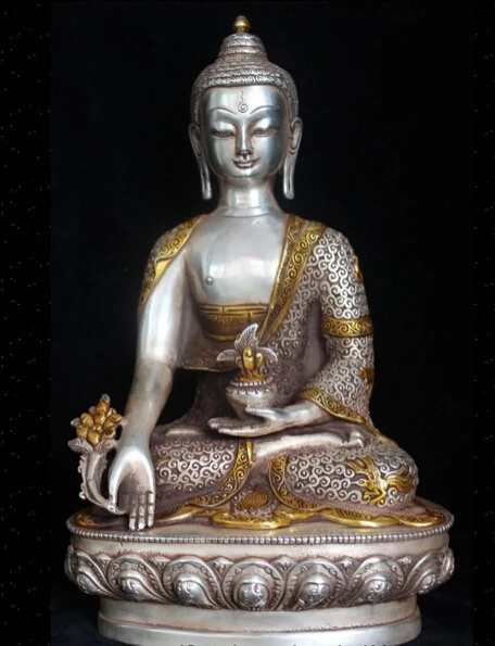 

JP S0524 12" Tibet Buddhism Silver Gild Seat Menla Medicine Buddha medical God Statue (B0328)