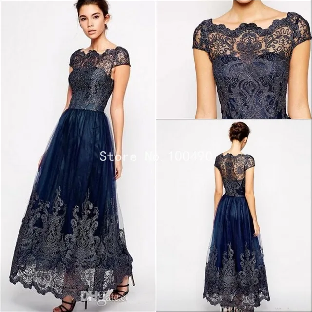 Navy Blue Mother Of The Bride Dresses Designer Sheer Neck Ankle Length