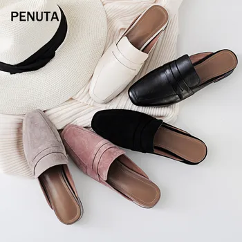 

2020 PENUTA Genuine Leather Fashion Mules Shoes Women Comfortable Slippers Square Toe Slip On Ladies Low Heel Loafers New PT904