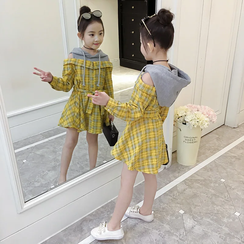 

Girls dresses 2017 new spring and autumn cotton girls long-sleeved strapless plaid dress