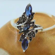 Charm Women Antique Silver Color Hollow-out Crystal Big Ring With Blue Rhinestone Branch Rings Wedding Party Jewelry Best Gifts rhinestone hollow out wedding jewelry set