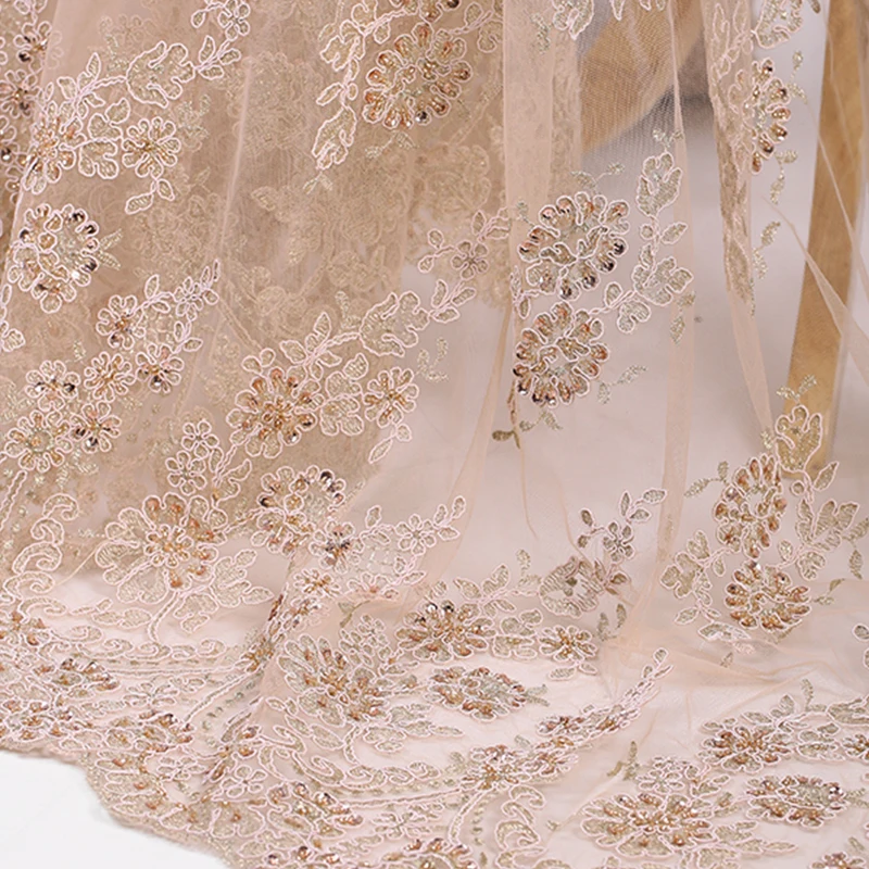 

125CM Wide 300G/M Weight Paillette Beading Acrylic Polyester Lace Fabric for Spring Summer Autumn Dress E634