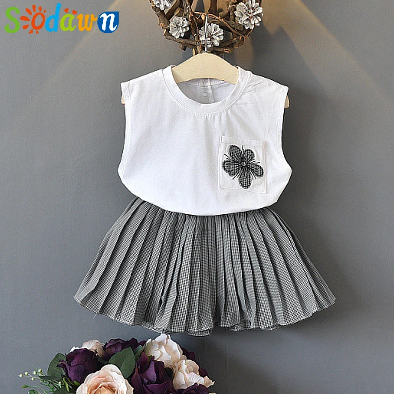 

Sodawn Kids Clothes Set Girls Clothes Summer 2019 New Sleeveless Flower Pocket T-Shirt + Plaid Skirt Suit Girl Clothing Set