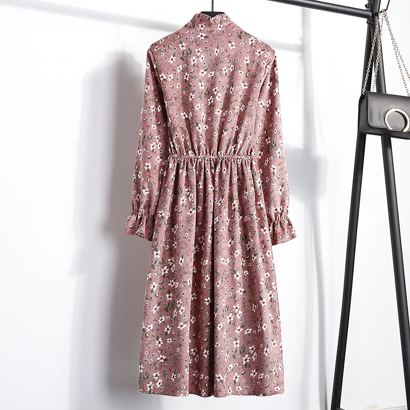 2018 новые модные женские осенне зимние платья Винтаж просторное с воротником-стойкой с длинными рукавами цветочный принт эластичный пояс