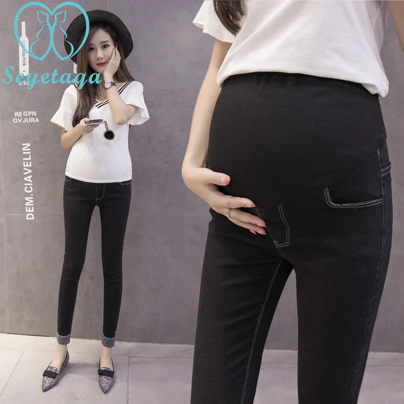 8526# 9/10 Length Autumn Fashion Maternity Jeans Rolled Up Skinny Pants Clothes for Pregnant Women Pregnancy Pencil Trousers