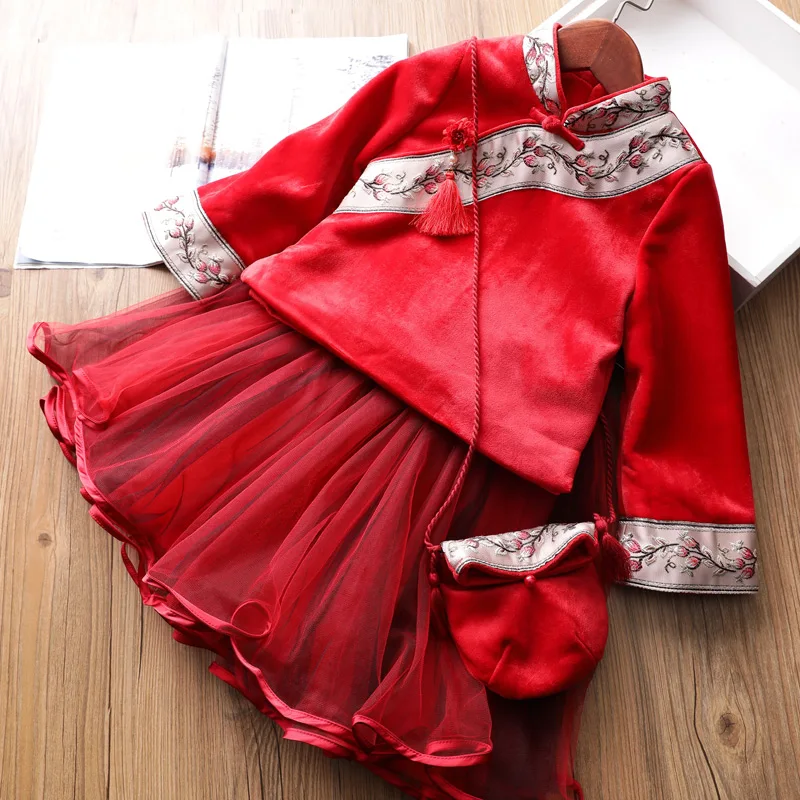 

Hot Coming New Best Chinese Style Girl Plus Velvet Cheongsam Suit Winter New Baby Chinese Gauze Tuxedo Suit Children's Suit