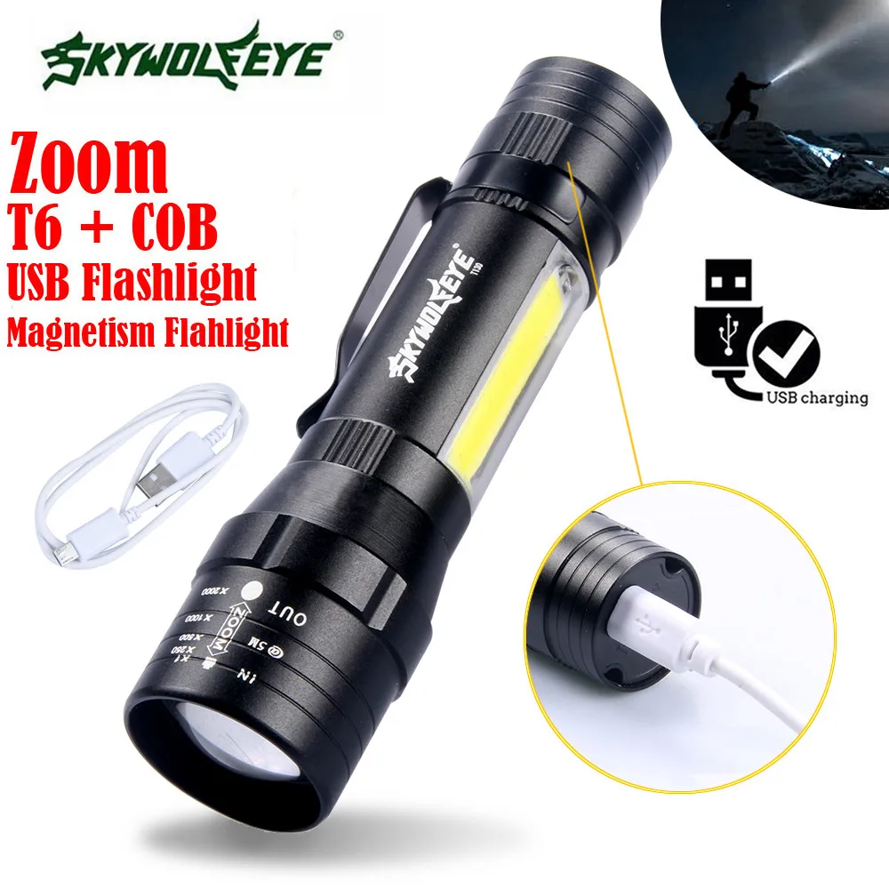 4-Modes Sky Wolf Eye T6+COB LED Flashlight USB Rechargeable Torch Bright Lamp 