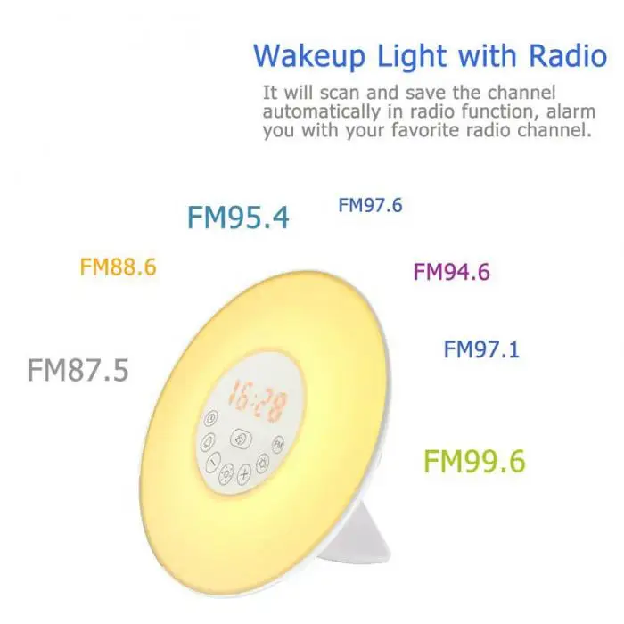 Цифровой светящийся будильник, цветной светильник для восхождения солнца, светильник для ночного видения с звуками, FM радио, часы BS