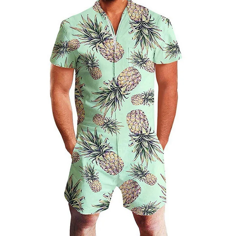 Fashion Print Overalls Pants Zipper Fly One Piece Cargo Pants Men Casual V-Neck Short Sleeve Streetwear Knee Length Pants Men
