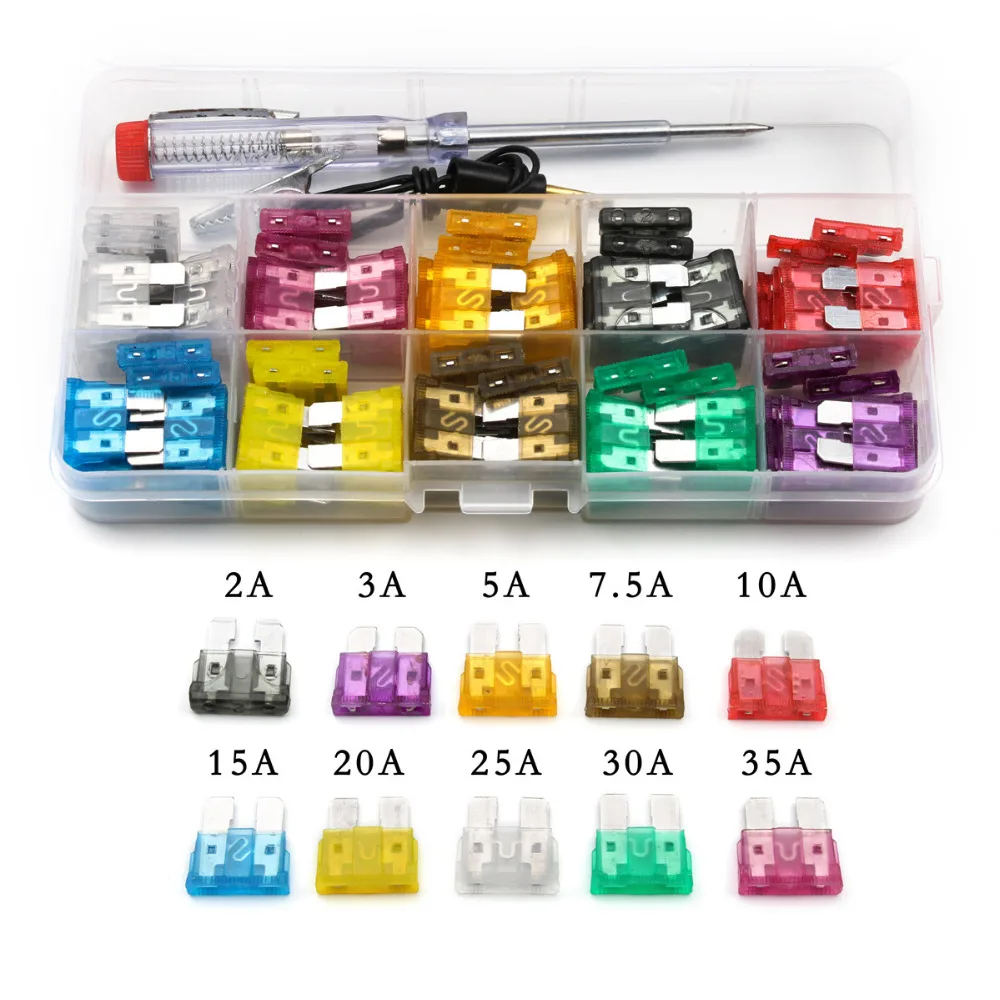 100PCS Assorted Auto Car Blade Fuses Low Profile Medium With Test Pen