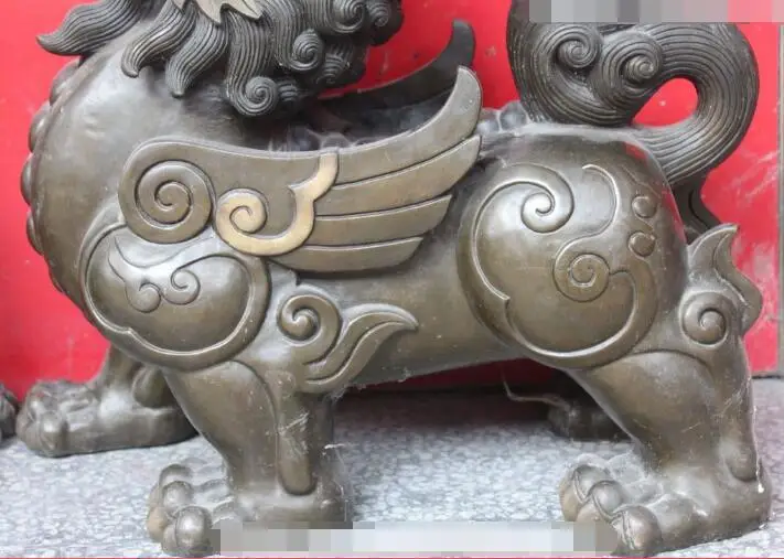 

S0905 17" Chinese Folk Pure Bronze Copper Fly Beast Pi Xiu Unicorn Animal Statue Pair