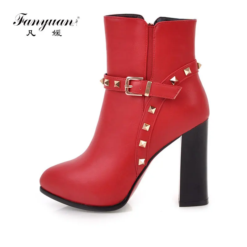 

Fanyuan 2018 spring new collections pointed toe thick heel woman boots fashion rivet ankle boots PU leather ladies shoes