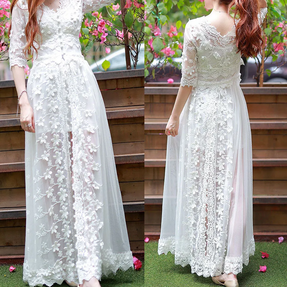 

2019 Summer white Embroidery Lace Screen yarn Long V-collar Forking Elbow sleeve Women beach style Dress