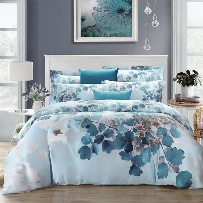 Chinese Style Tencel Silk Bedding Set Luxury 4pcs Blue Green Pink
