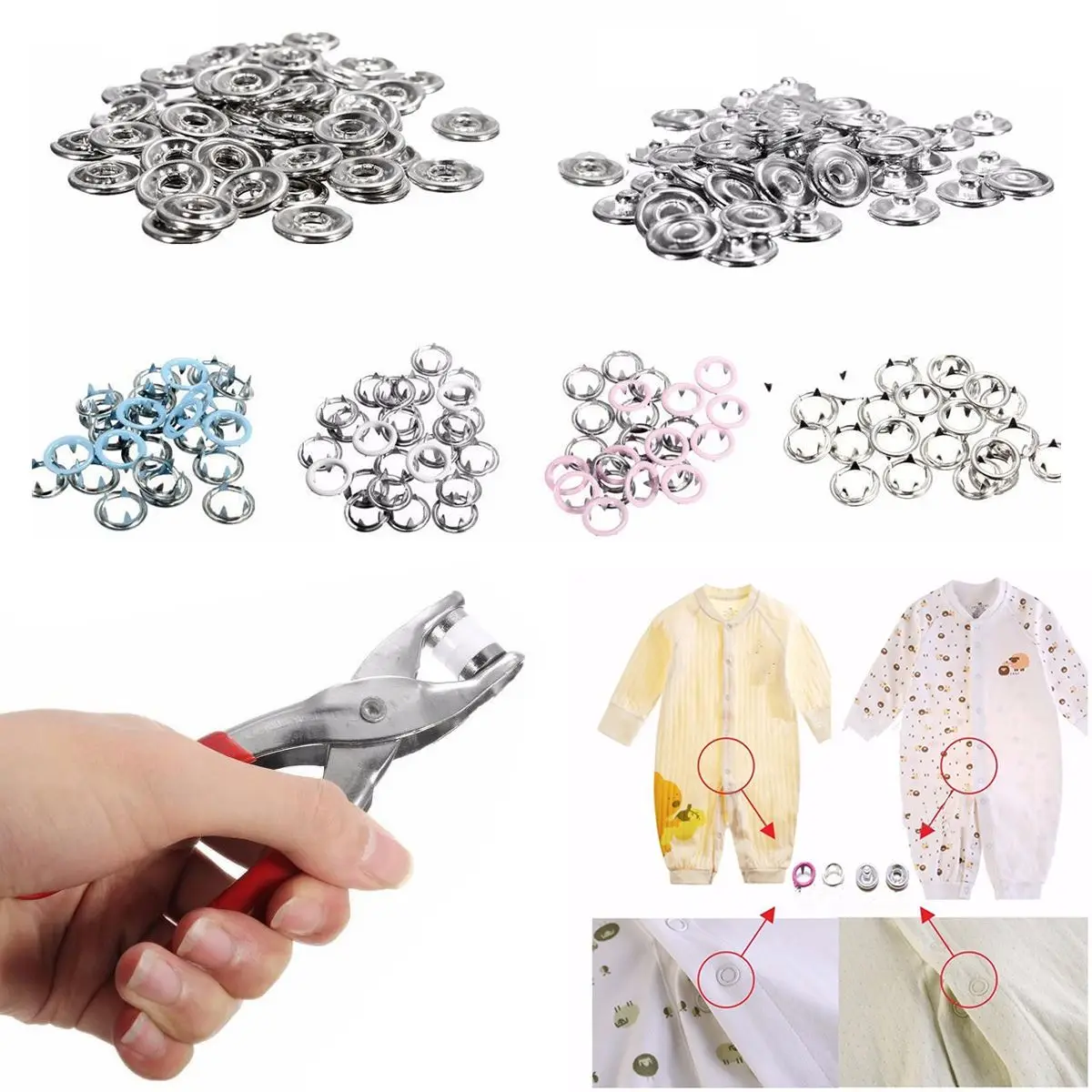 Mayitr 1pc Plier Tool+200pcs 9.5mm Metal Prong Snap Buttons Fasteners Press Studs Popper Fastener Setter Tool +2pcs Rubber
