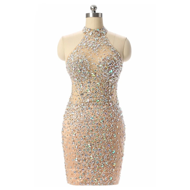 

robe de soriee Luxury Sheath Beading Short Dresses 2020 Sexy Crystal Mini Prom Party Dress Champagne Formal Evening Gowns