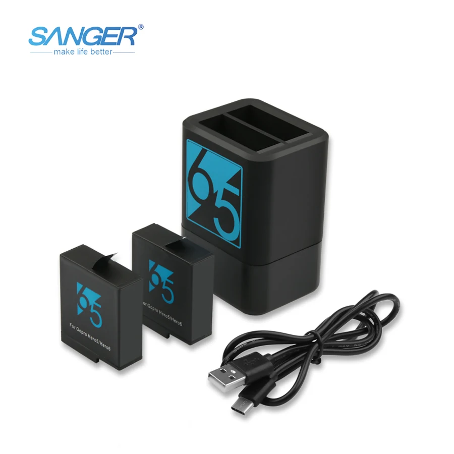 

SANGER USB Dual Port battery chargers For GoPro Hero5/6 + 2PCS AHDBT-501 AHDBT501 Battery Pack For GoPro Hero6 Black Accessories