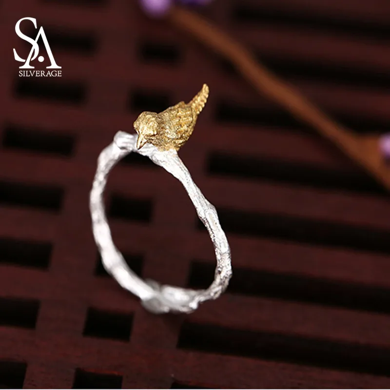 

NEW 925 Sterling Silver Vintage Style Hand-made Branch Bird Opening Ring Adjustable Rings for Women Fashion S925 Jewelry Gift