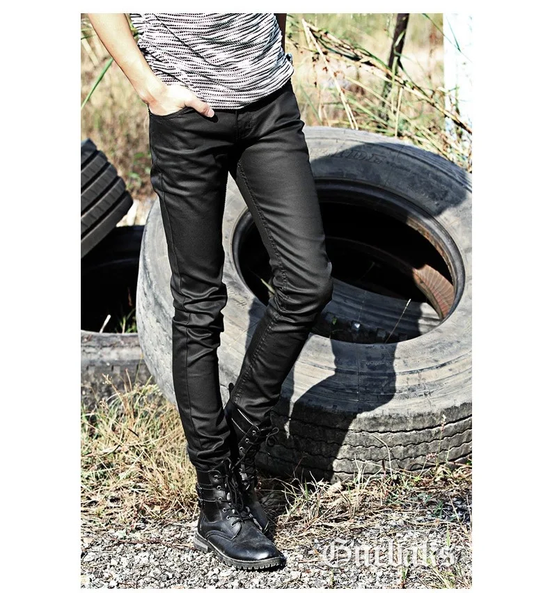 Idopy Men`s Coated Jeans Korean Fashion Cool Waxed Waxing Slim Fit