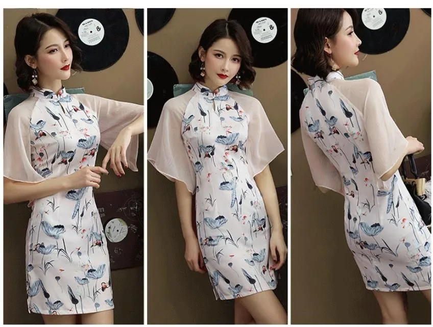 Летние модные сексуальные короткие Cheongsam современные белые тонкие Qi Pao Женские китайские традиционные костюмы Chinoise повседневные платья Qipao