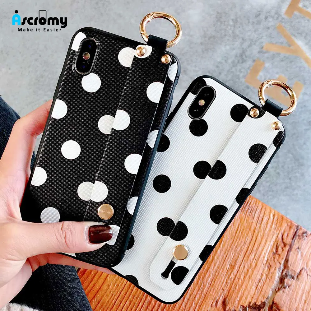 

Ascromy For iPhone XS Max Case Wrist Strap Cartoon Cat Wave Point Cover For iPhone X S XR 8 Plus 7 6 6S Coque Phone Accessories