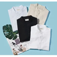 Простая однотонная мужская льняная рубашка с длинными рукавами и стоячим воротником Тонкая хлопковая и льняная Молодежная рубашка для мужчин