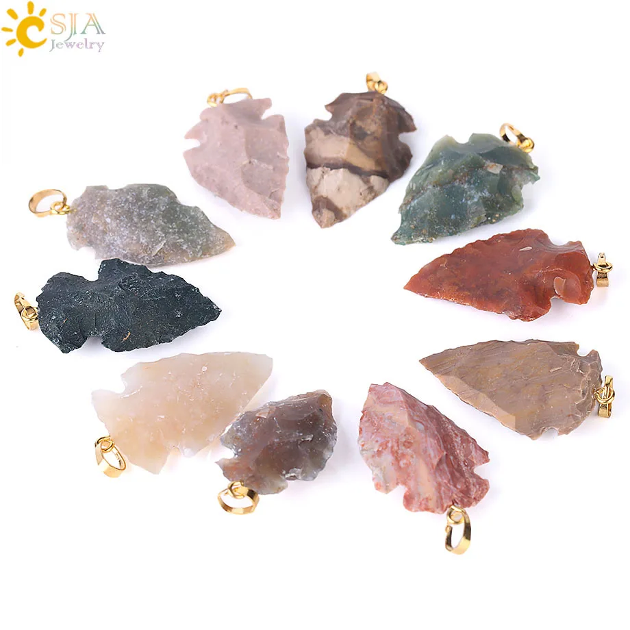 

CSJA 1PC India Agates Men Gift Raw Natural Semi Precious Stone Material Rough Surface Arrowhead Pendant for Necklace Making F406