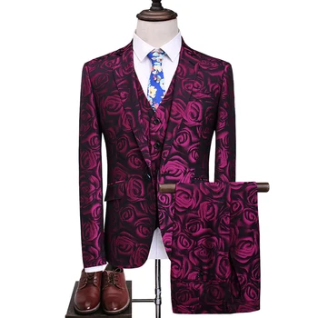 

Blazers Jacket Trousers Vest Sets / 2019 Fashion New Men's Casual Boutique Flower Suit Coat Pants Waistcoat