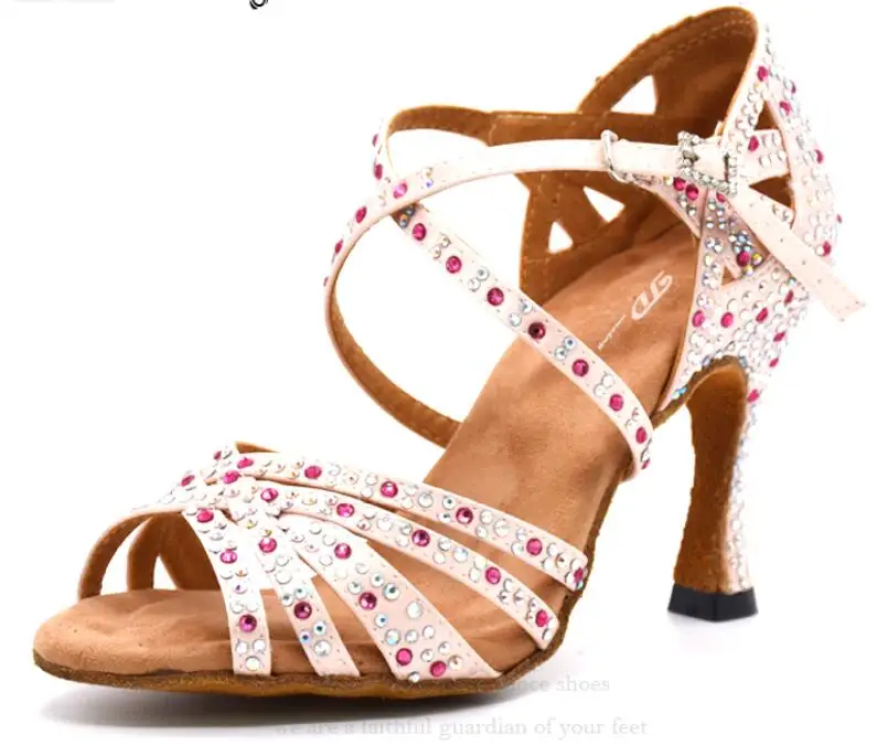 Обувь для танцев, сальсы, латинских танцев, стразы, женская обувь для сальсы, черные туфли для бальных танцев, удобная женская обувь JuseDanc - Цвет: skin heel 7.5cm