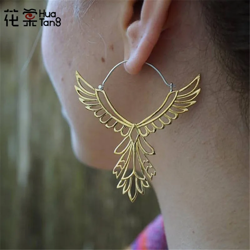 

HuaTang Bohemia Hollow Thunderbird Shape Drop Earring for Women Large Wing Feather Pendant Hook Earrings Pendientes 5839